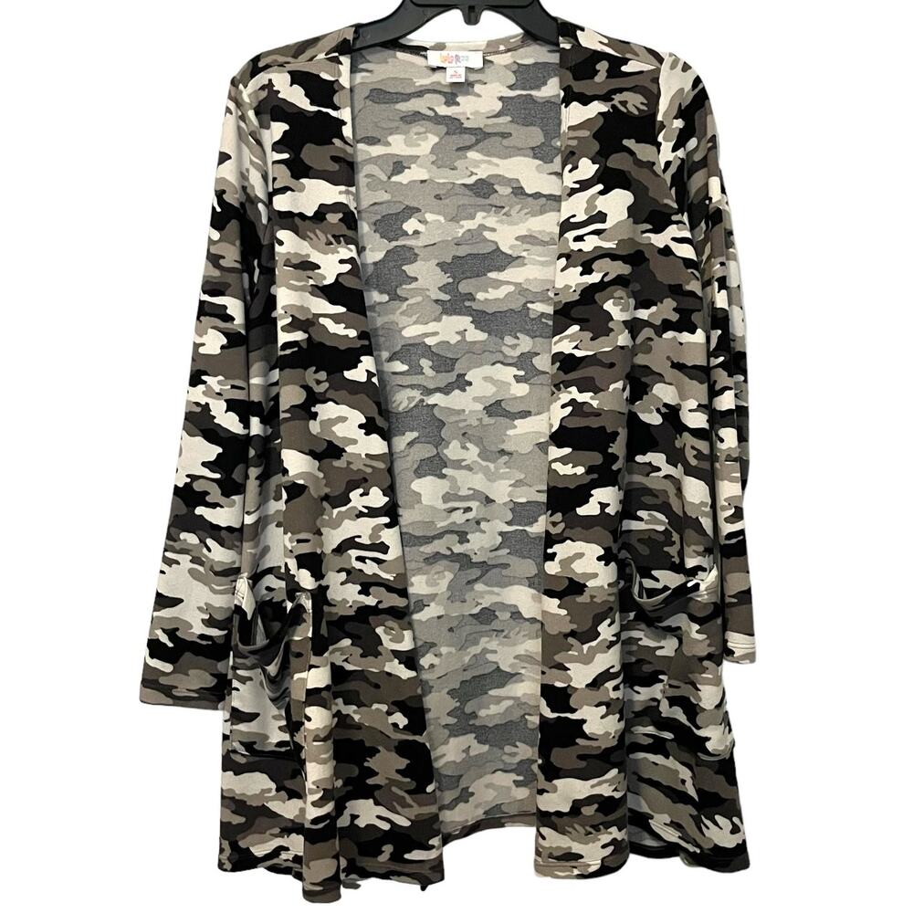 LuLaRoe Caroline Cardigan Camo Black Gray Small